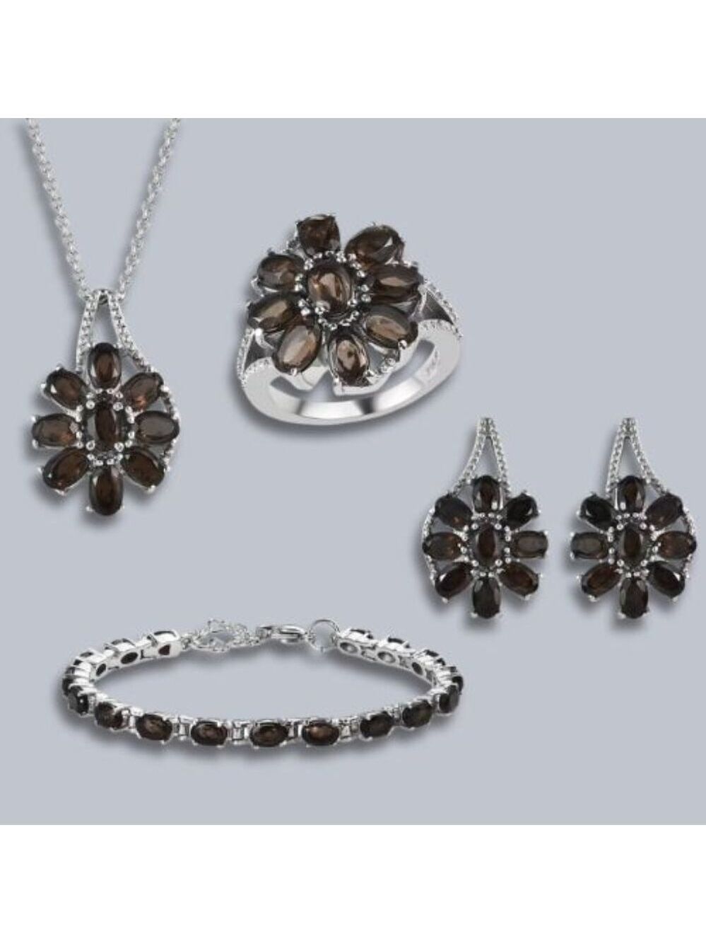 Brazilian Smoky Quartz Jewelry Set Daisy Flower Design Stainless Steel Brown OS
